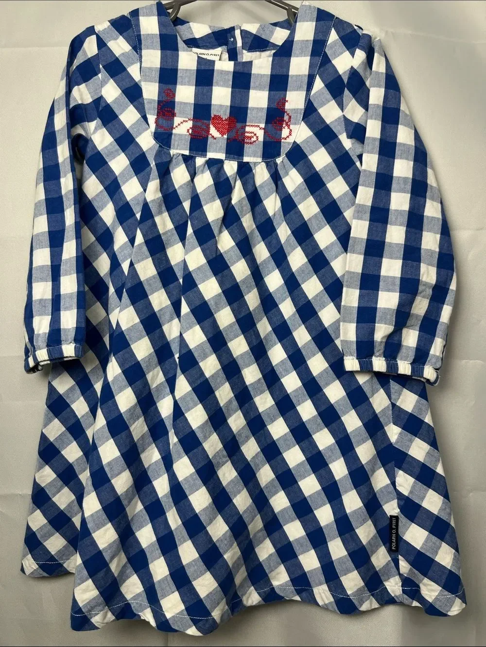 Polarn O. Pyret blue and white check long sleeve cotton dress cross stitching